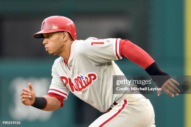 Cesar Hernandez of the Philadelphia Phillies runs to second base during a baseball game against the Washington Nationals at Nationals Park on June...