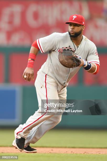 Carlos Santana of the Philadelphia Phillies in position during a baseball game against the Washington Nationals at Nationals Park on June 23, 2018 in...