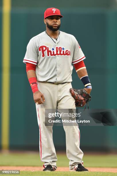 Carlos Santana of the Philadelphia Phillies looks on during a baseball game against the Washington Nationals at Nationals Park on June 23, 2018 in...