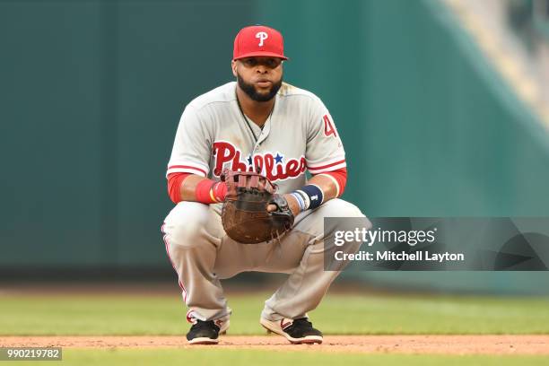 Carlos Santana of the Philadelphia Phillies looks on during a baseball game against the Washington Nationals at Nationals Park on June 23, 2018 in...