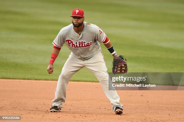 Carlos Santana of the Philadelphia Phillies in position during a baseball game against the Washington Nationals at Nationals Park on June 23, 2018 in...