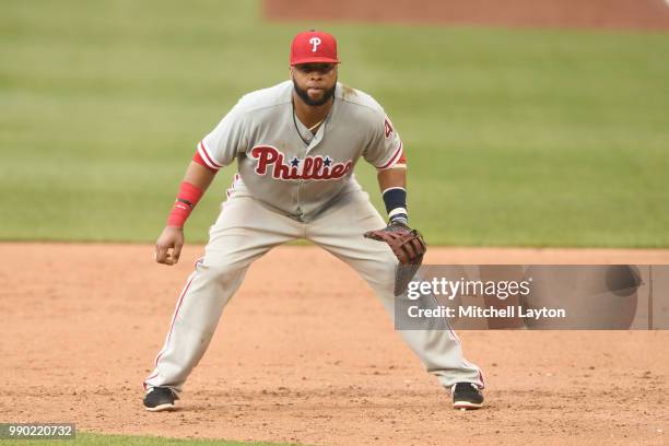 Carlos Santana of the Philadelphia Phillies in position during a baseball game against the Washington Nationals at Nationals Park on June 23, 2018 in...