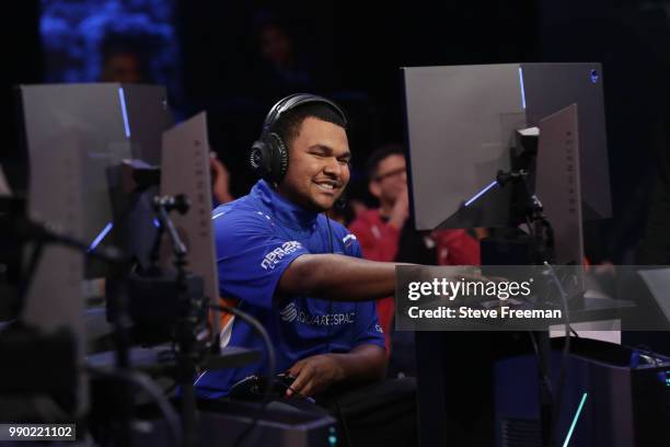 NateKahl of Knicks Gaming reacts during game against Heat Check Gaming on June 23, 2018 at the NBA 2K League Studio Powered by Intel in Long Island...