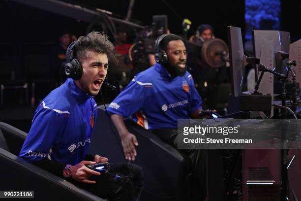 Iamadamthe1st of Knicks Gaming reacts during game against Heat Check Gaming on June 23, 2018 at the NBA 2K League Studio Powered by Intel in Long...