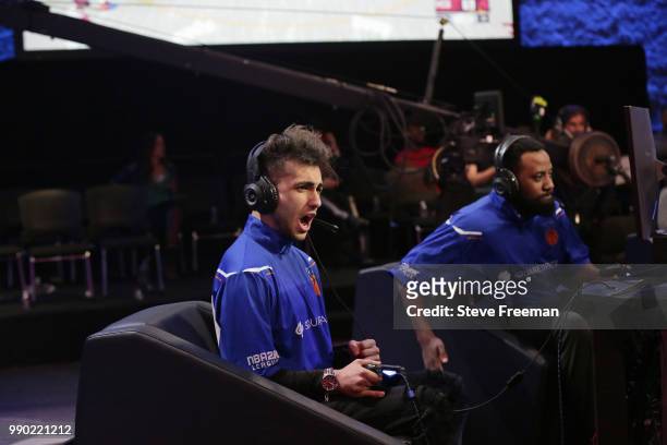 Iamadamthe1st of Knicks Gaming reacts during game against Heat Check Gaming on June 23, 2018 at the NBA 2K League Studio Powered by Intel in Long...