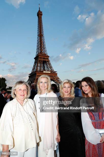 Maryvonne Pinault, Melissa Bouygues, Dominique Ouattara and Nathalie Folloroux attend Line Renaud's 90th Anniversary on July 2, 2018 in Paris, France.