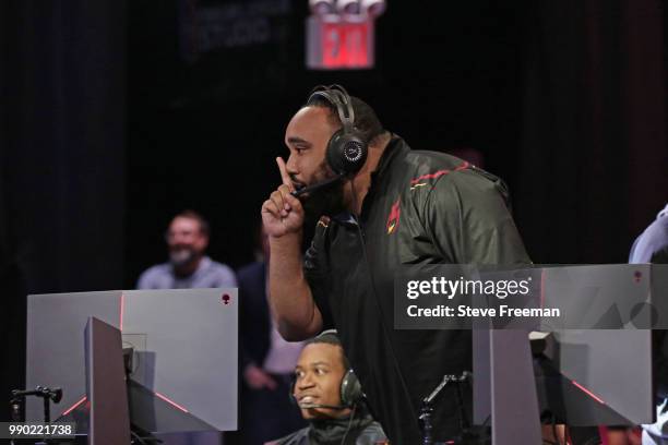 24k Dropoff I of Heat Check Gaming reacts during game against Knicks Gaming on June 23, 2018 at the NBA 2K League Studio Powered by Intel in Long...