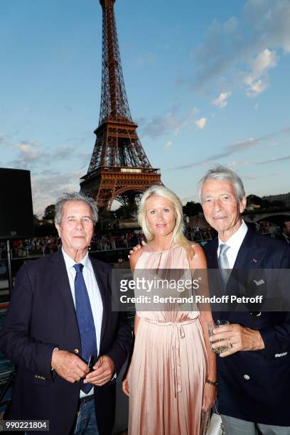 Jean-Louis Debre, Alice Bertheaume and Jean-Claude Narcy attend Line Renaud's 90th Anniversary on July 2, 2018 in Paris, France.