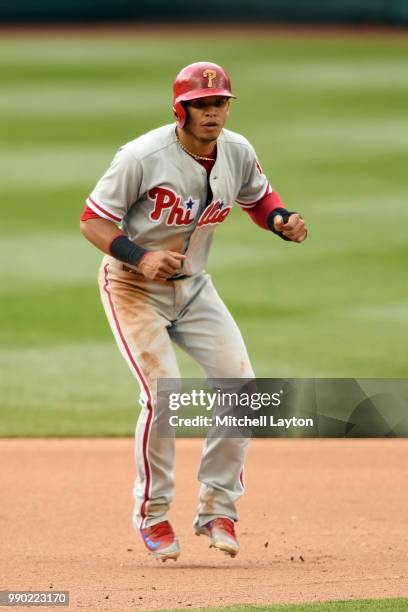 Cesar Hernandez of the Philadelphia Phillies leads off second base during a baseball game against the Washington Nationals at Nationals Park on June...