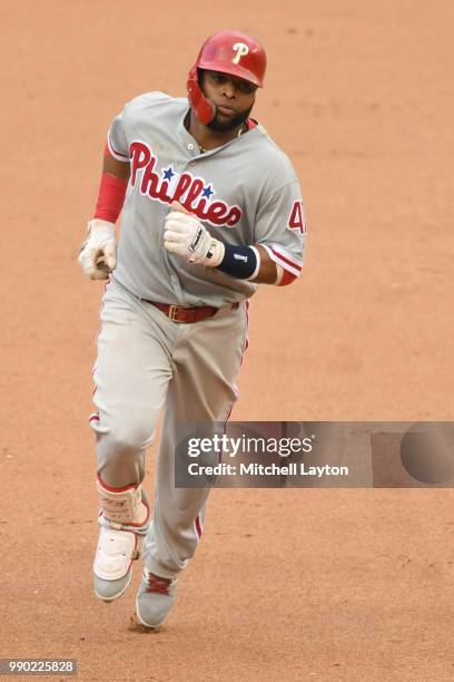 Carlos Santana of the Philadelphia Phillies rounds the bases after hitting home run during a baseball game against the Washington Nationals at...