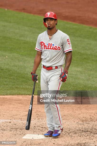 Nick Williams of the Philadelphia Phillies looks on during a baseball game against the Washington Nationals at Nationals Park on June 23, 2018 in...