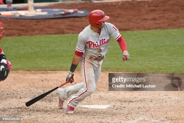 Cesar Hernandez of the Philadelphia Phillies takes a swing during a baseball game against the Washington Nationals at Nationals Park on June 23, 2018...