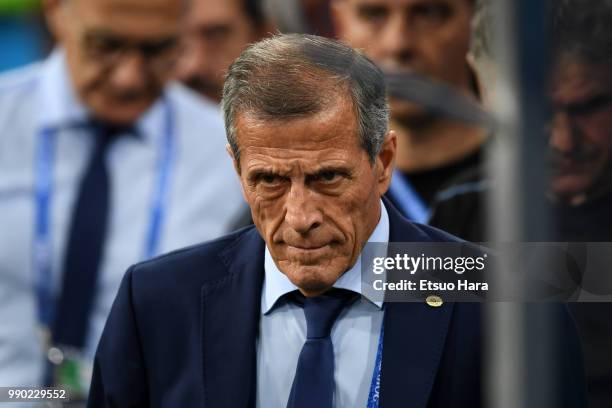 Uruguay head coach Oscar Tabarez looks on prior to the 2018 FIFA World Cup Russia Round of 16 match between Uruguay and Portugal at Fisht Stadium on...