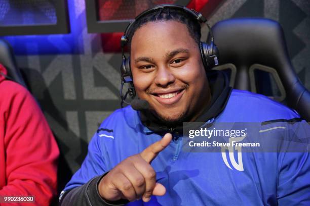 Dimez of Mavs Gaming speaks to media after game against Pistons Gaming Team on June 23, 2018 at the NBA 2K League Studio Powered by Intel in Long...