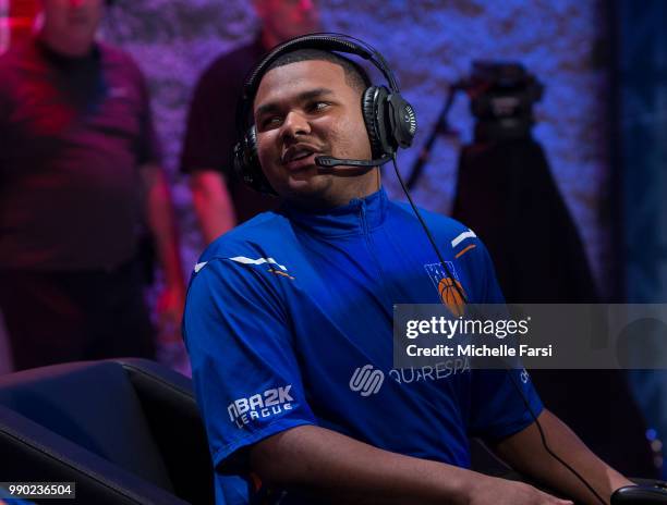 NateKahl of Knicks Gaming reacts during the game against Cavs Legion Gaming Club on JUNE 29, 2018 at the NBA 2K League Studio Powered by Intel in...