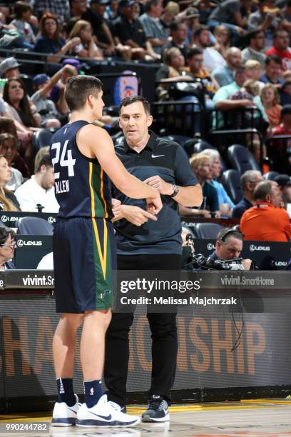 Assistant Coach Mike Wells speaks with Grayson Allen of the Utah Jazz during the 2018 Summer League at the Vivint Smart Home Arena on July 2, 2018 in...