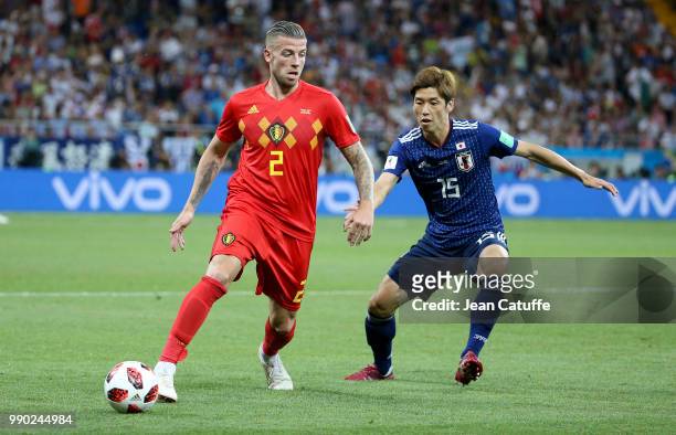 Toby Alderweireld of Belgium, Yuya Osako of Japan during the 2018 FIFA World Cup Russia Round of 16 match between Belgium and Japan at Rostov Arena...