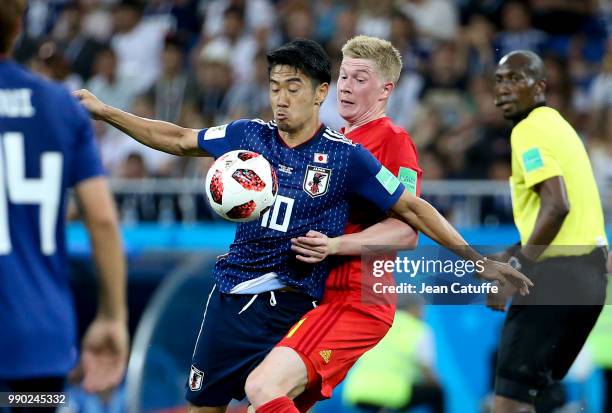 Shinji Kagawa of Japan, Kevin De Bruyne of Belgium during the 2018 FIFA World Cup Russia Round of 16 match between Belgium and Japan at Rostov Arena...
