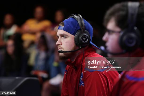 Lets Get It Ramo of Pistons Gaming Team looks on during game against Mavs Gaming on June 23, 2018 at the NBA 2K League Studio Powered by Intel in...