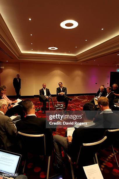 Martin Johnson, the England team manager,and Stuart Lancaster the Saxons coach face the media at a conference held at Twickenham on May 11, 2010 in...