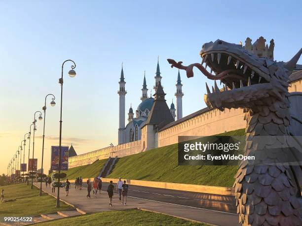 The Dragon near Kul Sharif Mosque and Kazan Kremlin on June 29, 2018 in Kazan, Tatarstan, Russia.