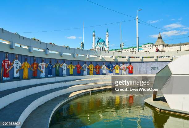 Mural near Kazan Kremlin with famous World Cup football player from all countries like Fedor SMOLOV, Russia Nr.10 Thomas MUELLER, DFB 13 Sergio...