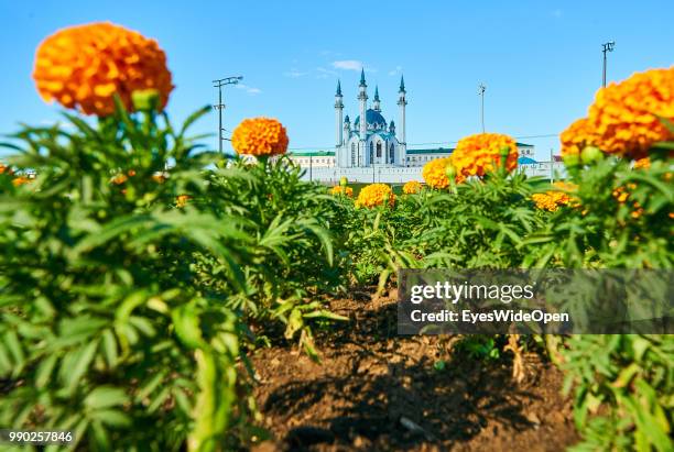 The Kul Sharif Mosque and Kazan Kremlin on June 29, 2018 in Kazan, Tatarstan, Russia.