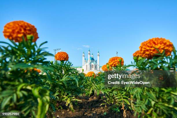 The Kul Sharif Mosque and Kazan Kremlin on June 29, 2018 in Kazan, Tatarstan, Russia.