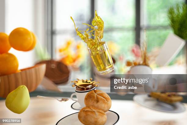 zero gravity in kitchen. levitation concept - gravidade zero imagens e fotografias de stock