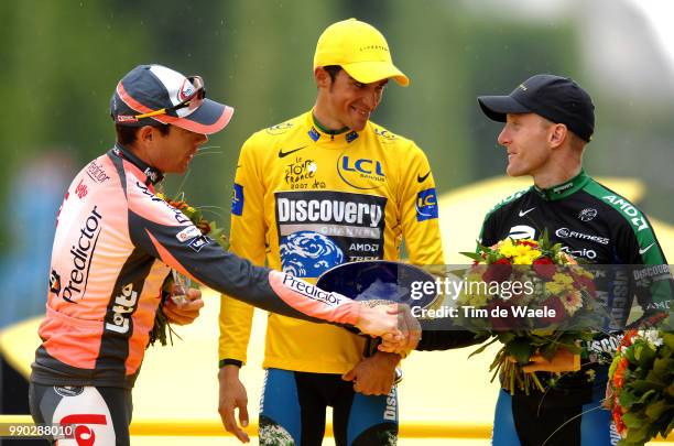 Tour De France 2007, Stage 20Podium, Evans Cadel , Contador Alberto Yellow Jersey, Leipheimer Levi , Celebration Joie Vreugde /Marcoussis - Paris...