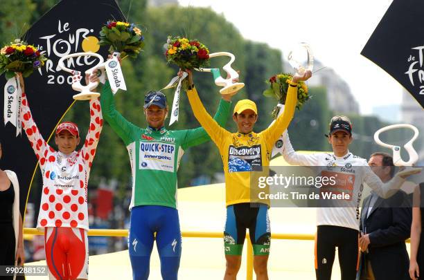 Tour De France 2007, Stage 20Podium, Soler Hernandez Juan Mauricio Mountain Jersey, Boonen Tom Green Jersey, Contador Alberto Yellow Jersey, Txurruka...