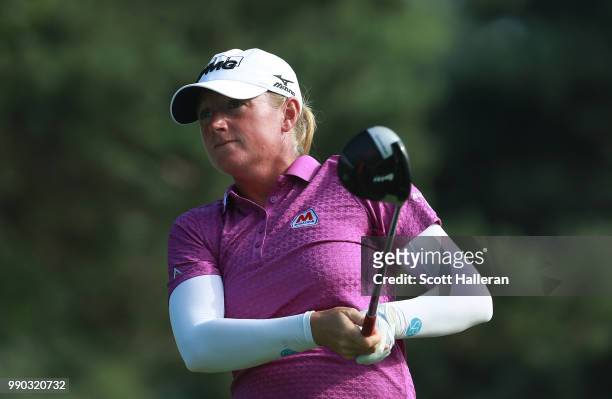 Stacy Lewis hits her tee shot on the fifth hole during the final round of the KPMG Women's PGA Championship at Kemper Lakes Golf Club on July 1, 2018...