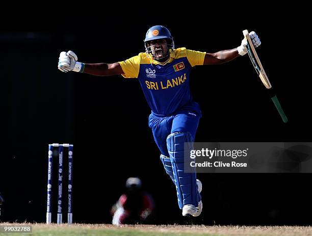 Chamara Kapugedera of Sri Lanka celebrates after hitting the winning runs during the ICC World Twenty20 Super Eight match between India and Sri Lanka...