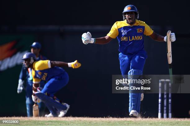 Chamara Kapugedera of Sri Lanka celebrates after hitting the winning runs during the ICC World Twenty20 Super Eight match between India and Sri Lanka...