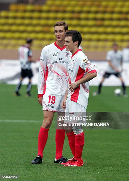 Pierre Casiraghi and Louis Ducruet are seen prior to a charity football match between Prince Albert's Star Team and the F1 "Nazionale Piloti"...