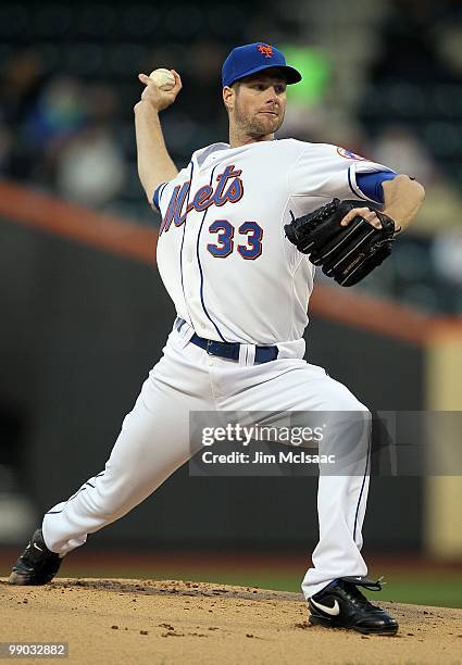 John Maine of the New York Mets delivers a pitch against the Washington Nationals on May 10, 2010 at Citi Field in the Flushing neighborhood of the...