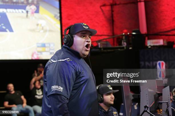 WoLF 74 of Pacers Gaming reacts during game against Pistons Gaming Team on June 23, 2018 at the NBA 2K League Studio Powered by Intel in Long Island...