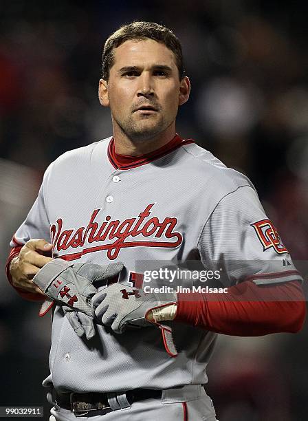 Ryan Zimmerman of the Washington Nationals looks on against the New York Mets on May 10, 2010 at Citi Field in the Flushing neighborhood of the...