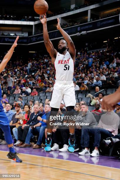 Ike Nwamu of the Miami Heat shoots the ball against the Golden State Warriors during the 2018 California Classic on July 2, 2018 at Golden 1 Center...