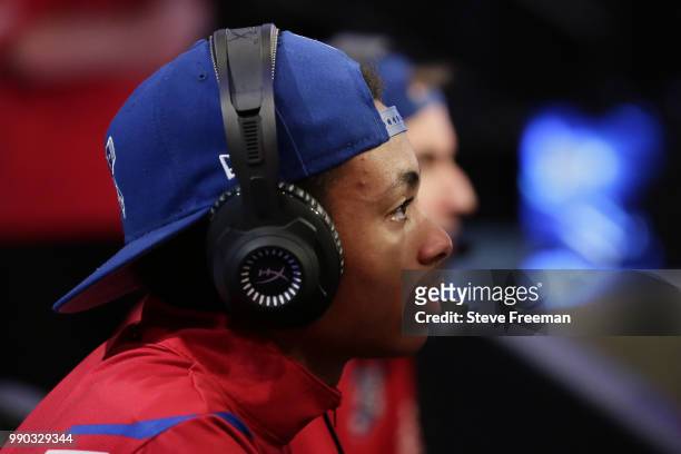 Ixsplashkingxi of Pistons Gaming Team looks on during game against Pacers Gaming on June 23, 2018 at the NBA 2K League Studio Powered by Intel in...