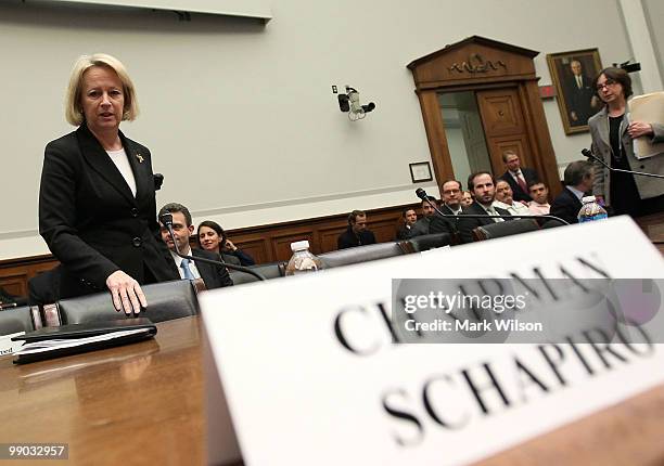 Mary Schapiro , chairman of the Securities and Exchange Commission, prepares to testify before a House Financial Services Committee on Capitol Hill...