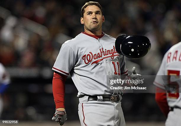 Ryan Zimmerman of the Washington Nationals looks on against the New York Mets on May 10, 2010 at Citi Field in the Flushing neighborhood of the...