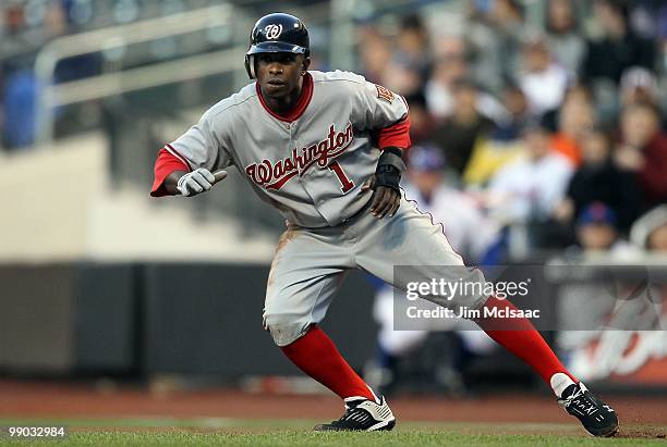 Nyjer Morgan of the Washington Nationals leads off first base against the New York Mets on May 10, 2010 at Citi Field in the Flushing neighborhood of...