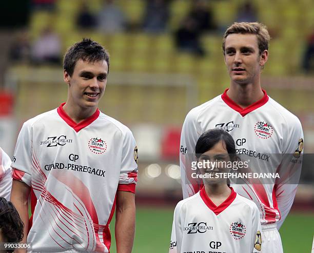 Pierre Casiraghi and Louis Ducruet are seen prior to a charity football match between Prince Albert's Star Team and the F1 "Nazionale Piloti"...