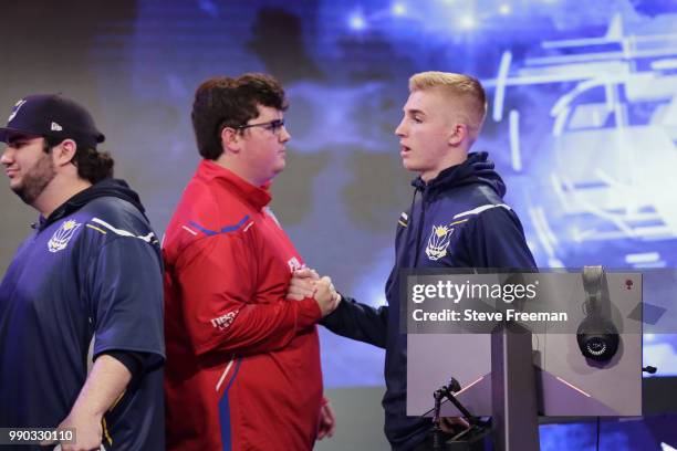 Rux of Pistons Gaming Team greets vGooner of Pacers Gaming after game on June 23, 2018 at the NBA 2K League Studio Powered by Intel in Long Island...