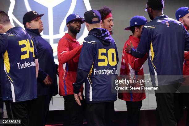 Pistons Gaming Team greets Pacers Gaming after game on June 23, 2018 at the NBA 2K League Studio Powered by Intel in Long Island City, New York. NOTE...