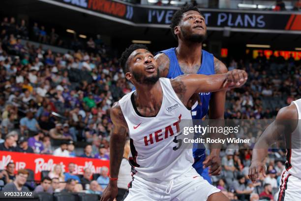 Derrick Jones Jr. #5 of the Miami Heat boxes out the Golden State Warriors during the 2018 California Classic on July 2, 2018 at Golden 1 Center in...