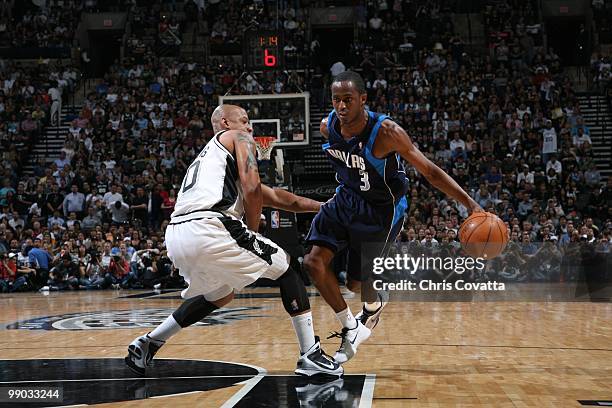 Rodrigue Beaubois; #3 of the Dallas Mavericks drives against Keith Bogans of the San Antonio Spurs in Game Six of the Western Conference...