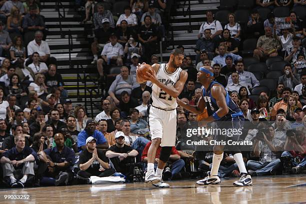 Tim Duncan of the San Antonio Spurs against Jason Terry of the Dallas Mavericks in Game Six of the Western Conference Quarterfinals during the 2010...