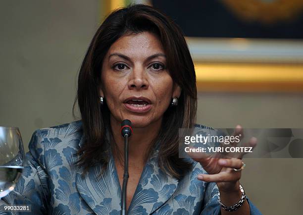 Costa Rican President Laura Chinchilla speaks during a press conference at the presidential palace in San Jose on May 11, 2010. Costa Rica's new...